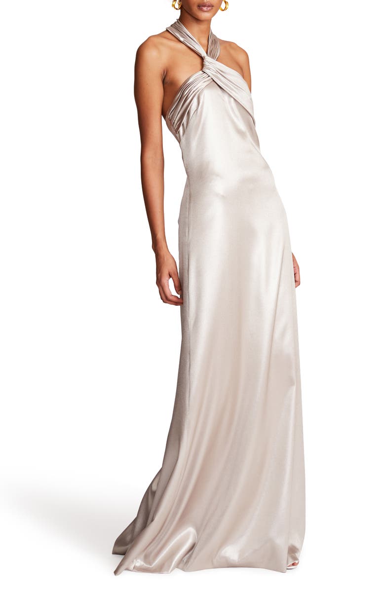HALSTON Raelynn Halter Neck Metallic Crepe Gown, Alternate, color,