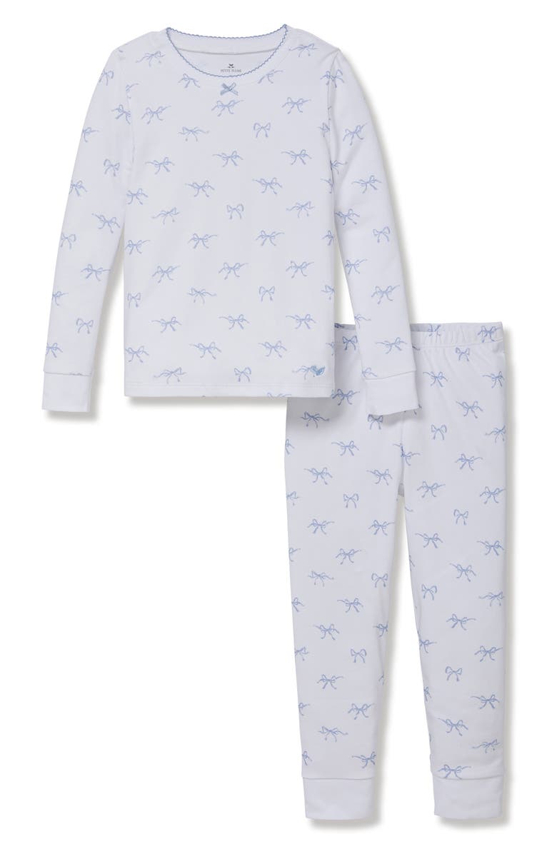 Petite Plume Kids' Bow Print Fitted Two-Piece Pima Cotton Pajamas, Main, color, White