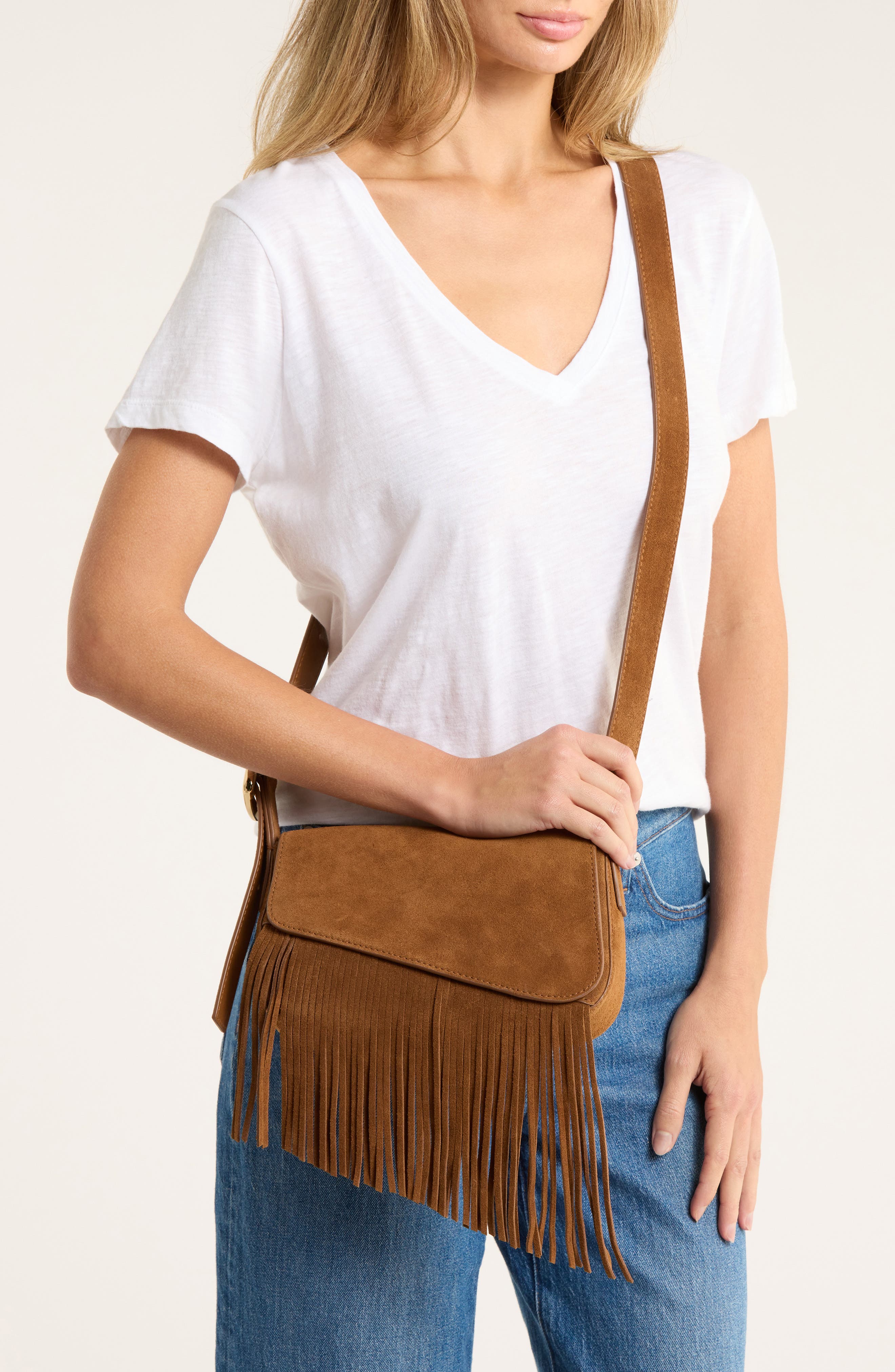 Madewell Soft Grain Fringe Flap Crossbody Bag, Alternate, color, Aged Cognac