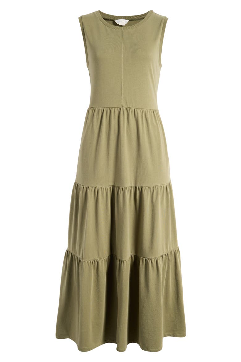 Sleeveless Tiered Organic Cotton Dress, Alternate, color, OLIVE BURNT