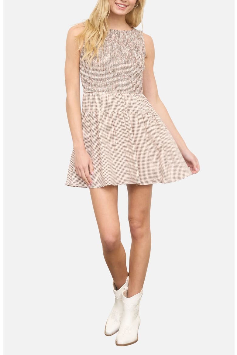 Smocked Gingham Sleeveless Minidress, Main, color, BROWN
