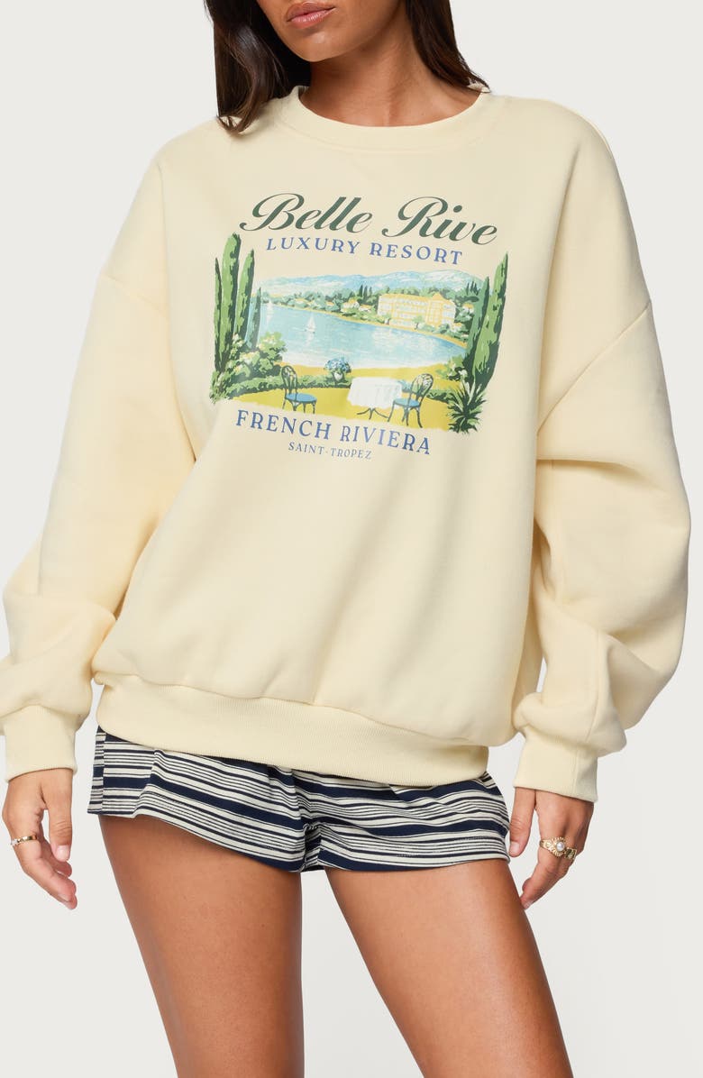 EDIKTED French Riviera Oversized Graphic Sweatshirt, Main, color, Yellow