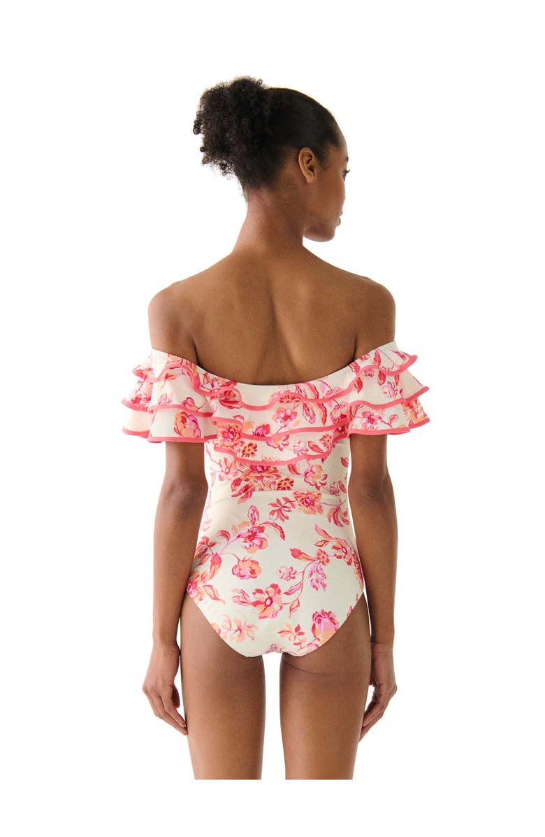 Kate Spade New York Floral Toile Ruffle Off the Shoulder One Piece Swimsuit, Alternate, color, Light Cantaloupe
