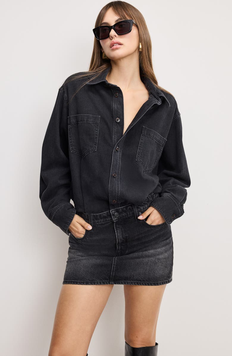Good American Denim Long Sleeve Mini Shirtdress, Alternate, color, Black389