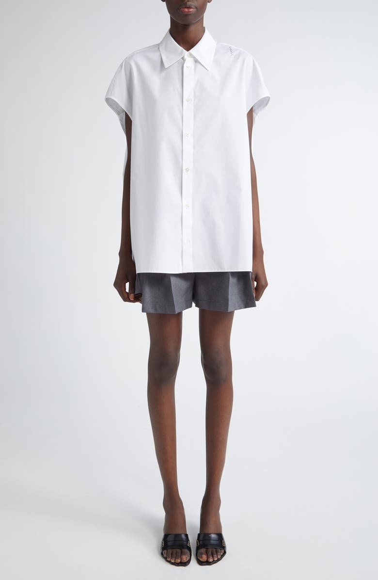 Marni Embroidered Logo Sleeveless Cotton Poplin Cocoon Shirt, Alternate, color, Lily/ White