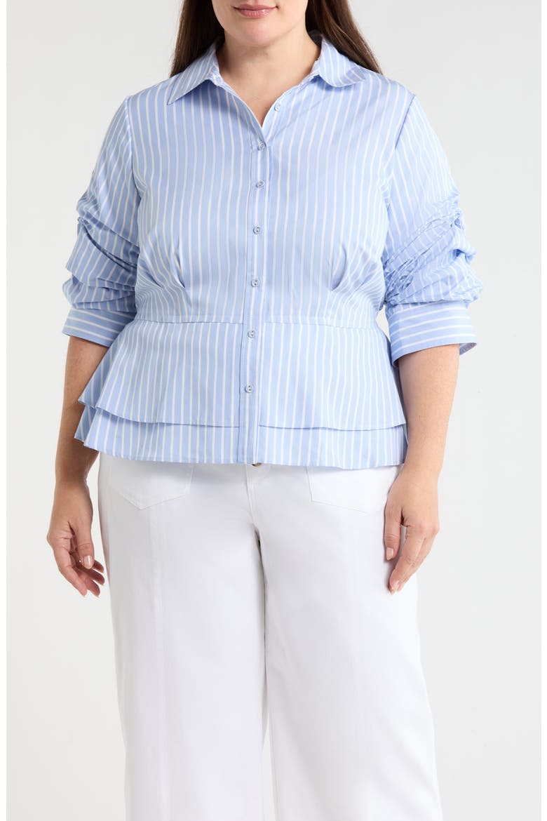 Pinstripe Button-Up Tiered Peplum Shirt, Main, color, OXFORD BLUE/ OFF WHITE