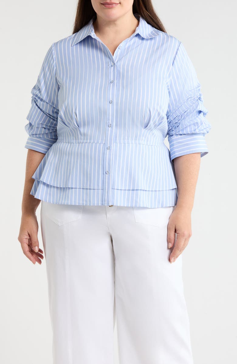 Wit & Wisdom Pinstripe Button-Up Tiered Peplum Shirt, Main, color, Oxford Blue/ Off White