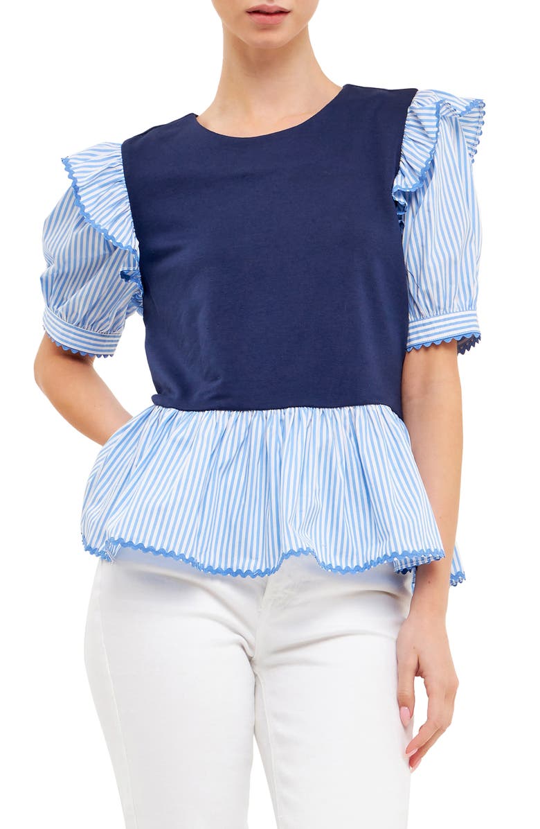 English Factory Mix Media Peplum Top, Main, color, Navy/ Blue Stripe