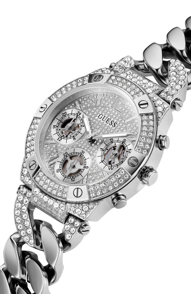 GUESS Multifunction Crystal Pavé Curb Chain Bracelet Watch, 36mm, Alternate, color, 