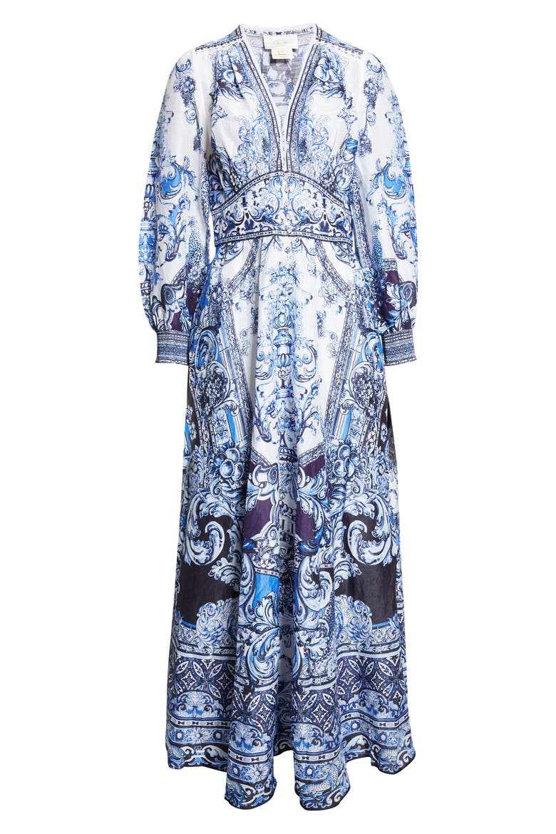 A Tiled Wonderland Long Sleeve Linen & Silk Twill Dress, Alternate, color, A TILED WONDERLAND