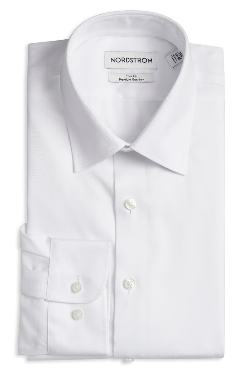 Nordstrom Trim Fit Solid Premium Non-Iron Cotton Herringbone Dress Shirt, Alternate, color, White Twist Pat