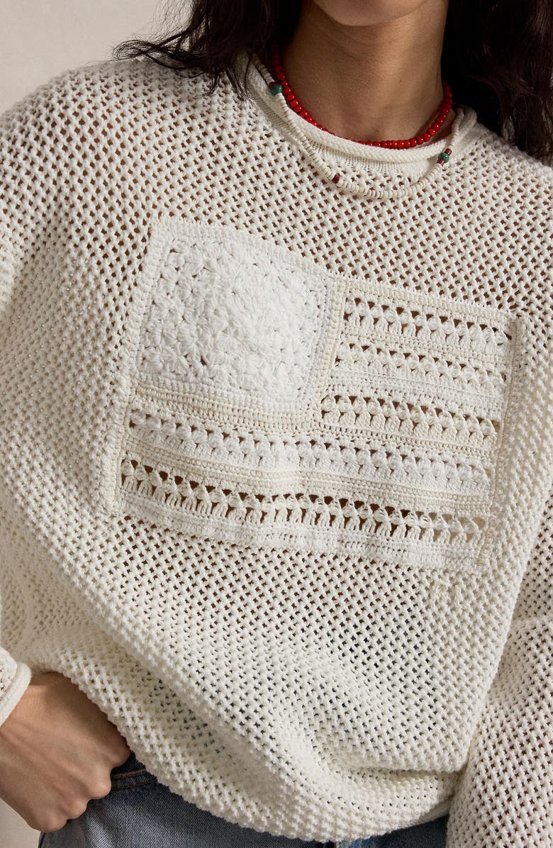 Polo Ralph Lauren Tonal Flag Mixed Open Stitch Cotton Sweater, Alternate, color, White Multi