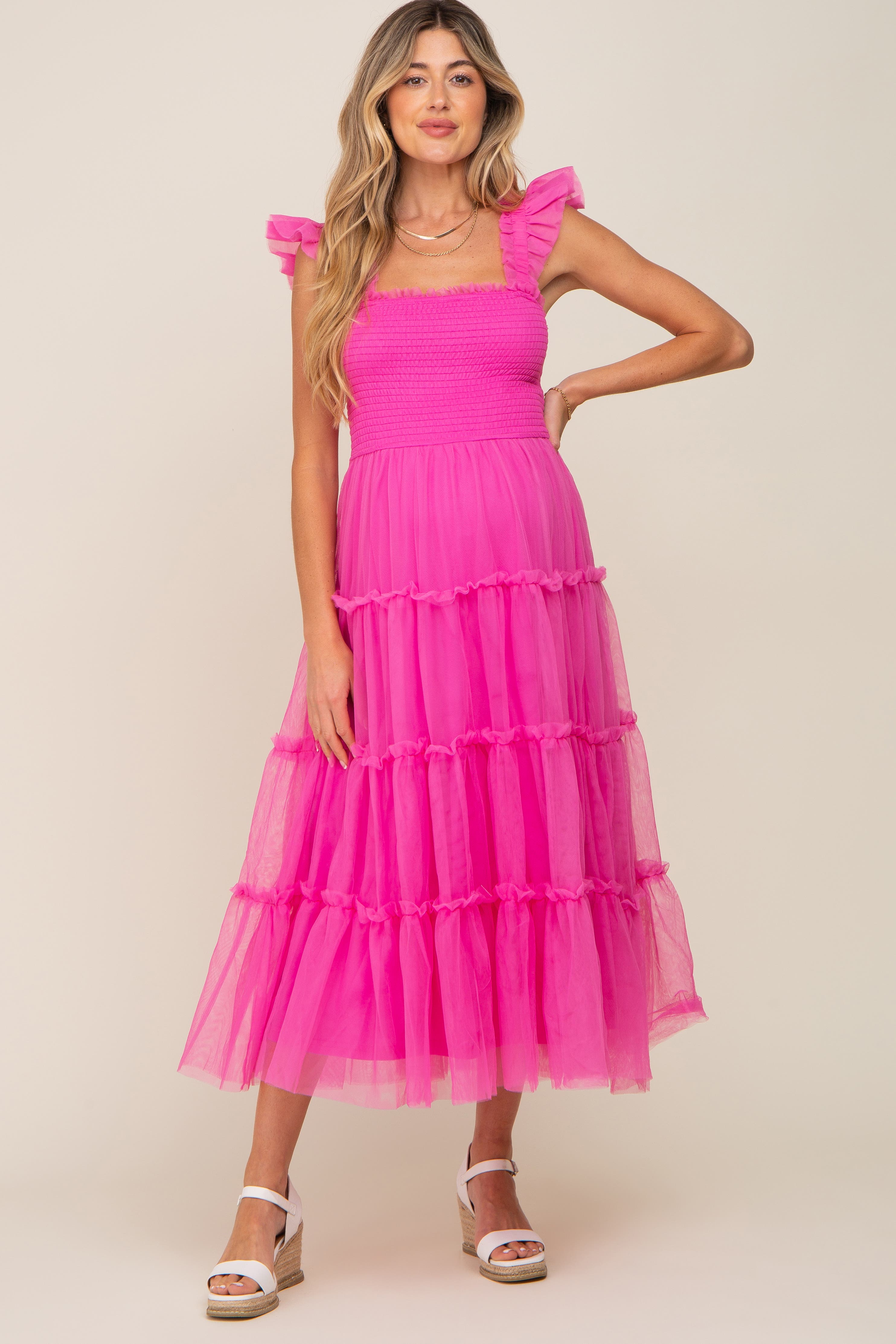 Smocked Mesh Ruffle Accent Midi Dress - image 3