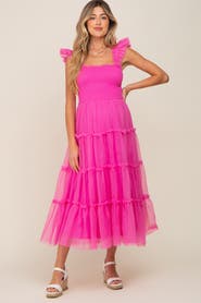 PinkBlush Smocked Mesh Ruffle Accent Midi Dress