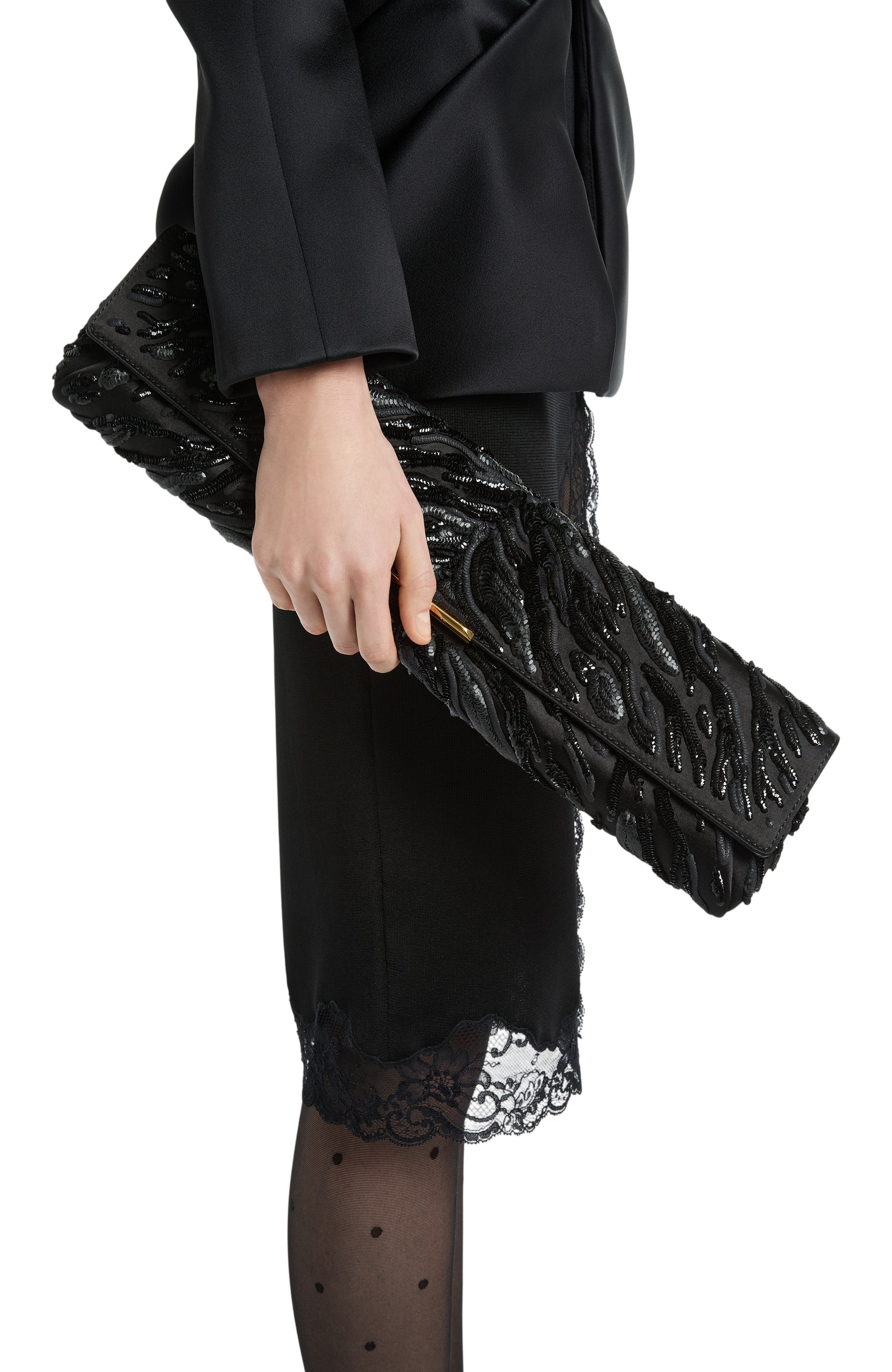 Long Clutch Bag in Embroidered Satin, Alternate, color, black