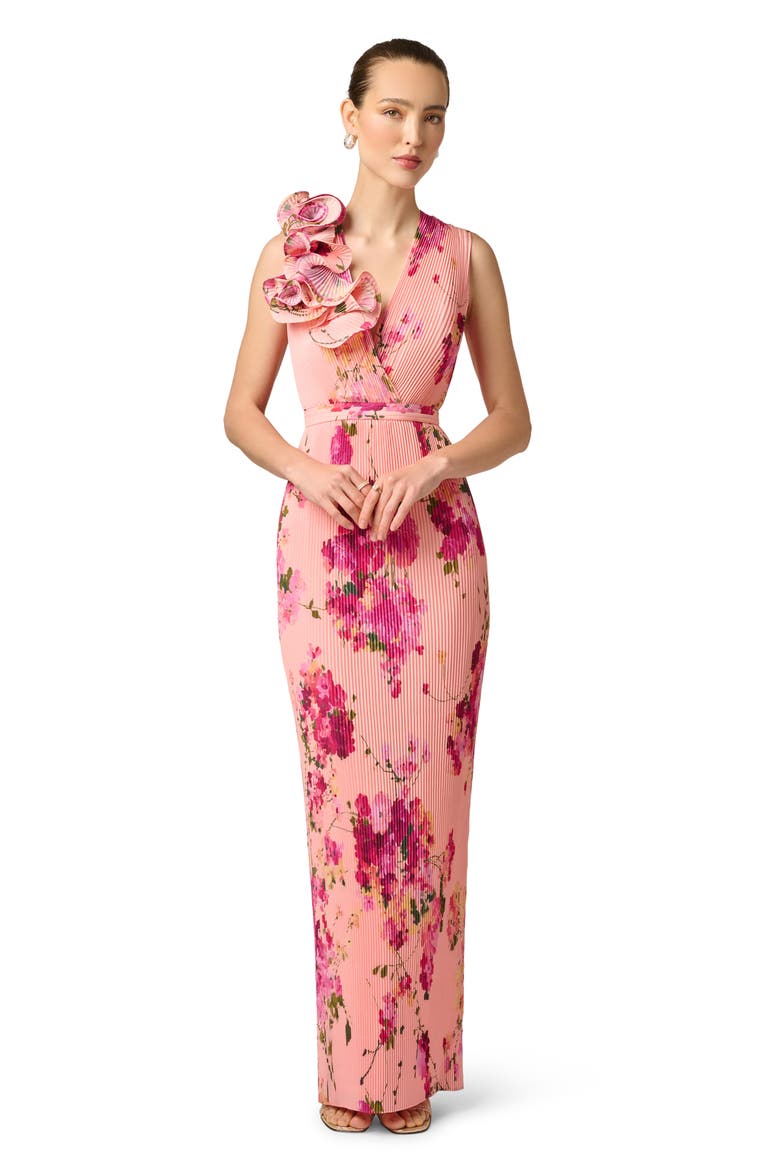Print Plissé Sleeveless Gown, Alternate, color, PINK MULTI