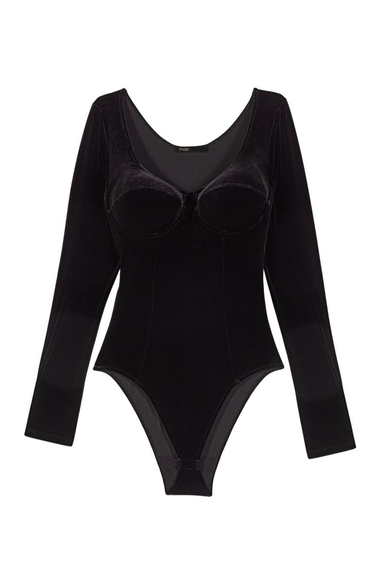 maje Velvet and corset detail bodysuit, Alternate, color, Black