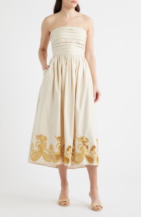Embroidered Pintuck Strapless Maxi Dress