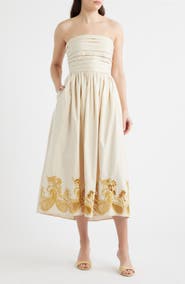 CeCe Embroidered Pintuck Strapless Maxi Dress