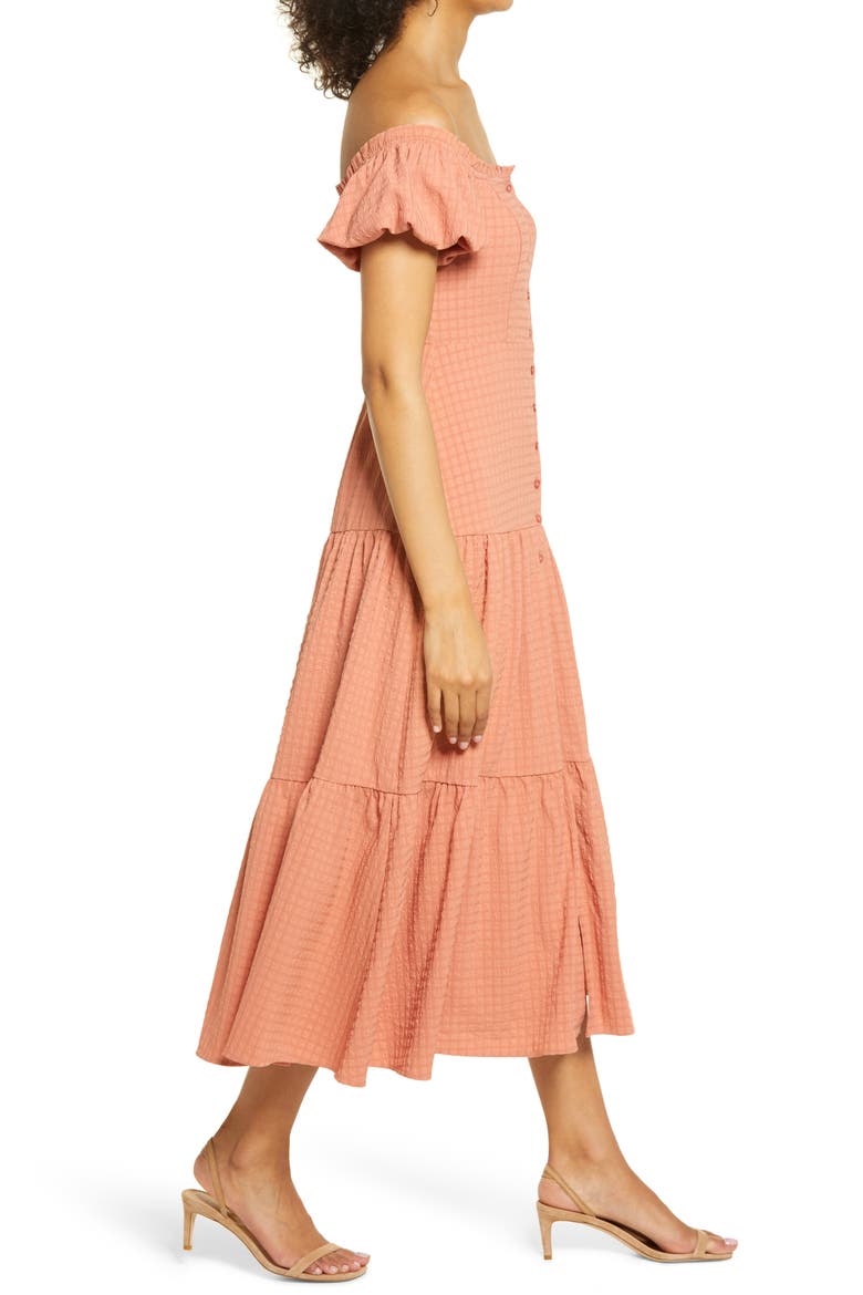Off the Shoulder Tiered Midi Dress, Alternate, color, DUSTY CORAL