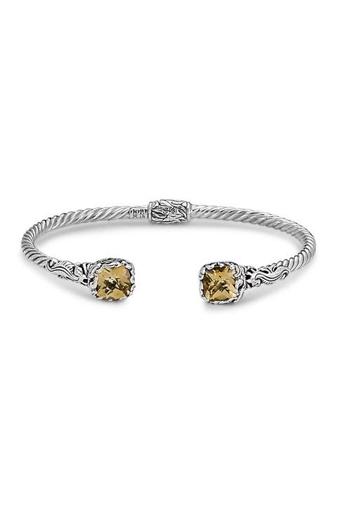Sterling Silver & 18K Gold Citrine Seahorse Motif Hinged Bangle Bracelet