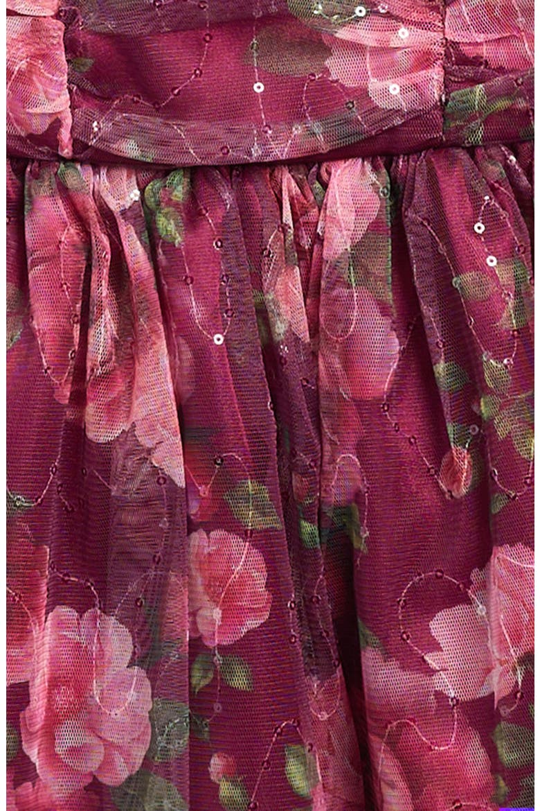 Kids' Shirred Floral Dress with Bows, Alternate, color, BURGUNDY