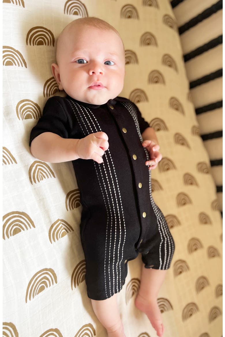Embroidered Short Sleeve Romper, Alternate, color, BLACK DASH