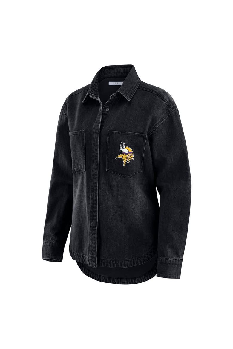 Women's WEAR by Erin Andrews Black Minnesota Vikings Washed Oversized Denim Full-Snap Shacket, Alternate, color, Black