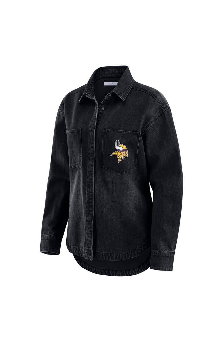 WEAR by Erin Andrews Women's WEAR by Erin Andrews Black Minnesota Vikings Washed Oversized Denim Full-Snap Shacket, Alternate, color, Black