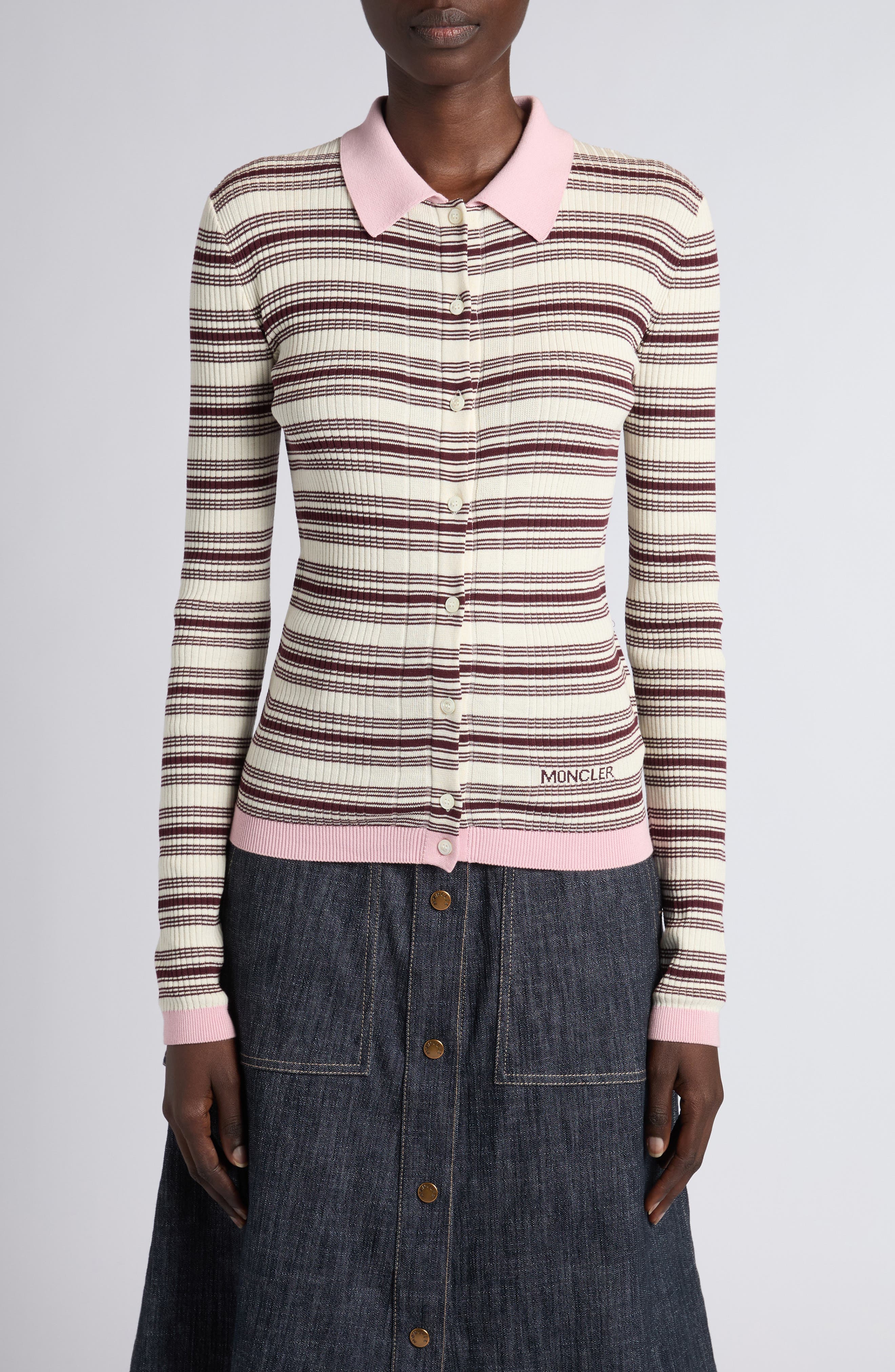 Stripe Fitted Rib Cotton Cardigan