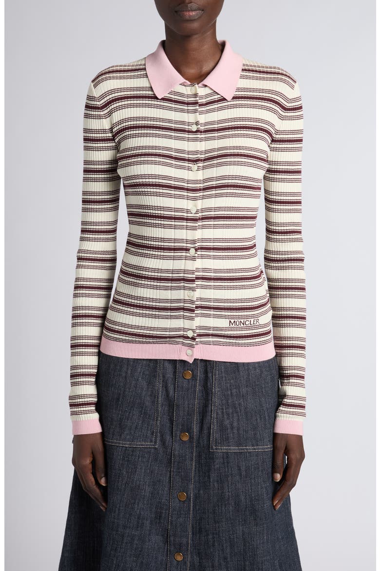 Stripe Fitted Rib Cotton Cardigan, Main, color, WHITE/ BEIGE