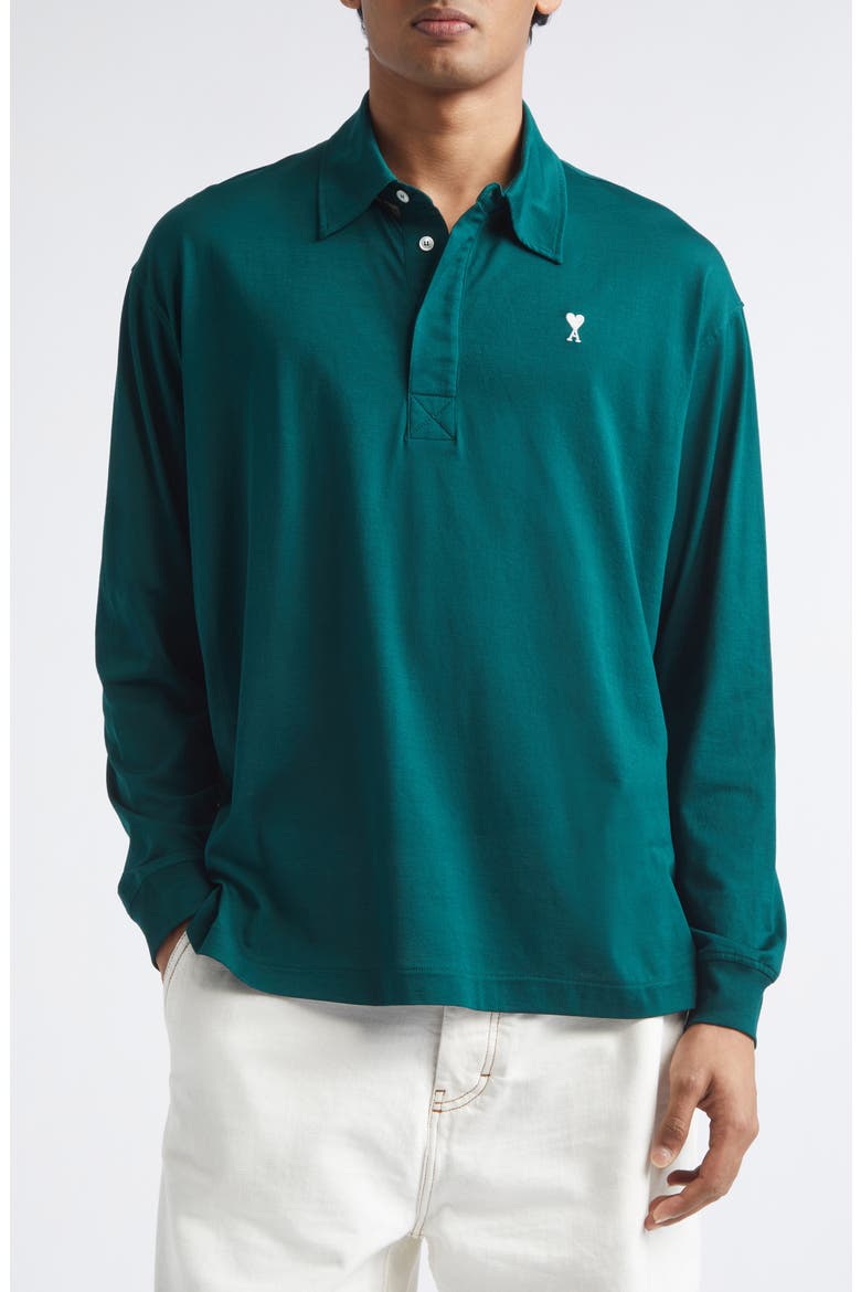 Ami de Coeur Embroidered Long Sleeve Cotton Polo, Main, color, VERT SAPIN/ BLANC CREME
