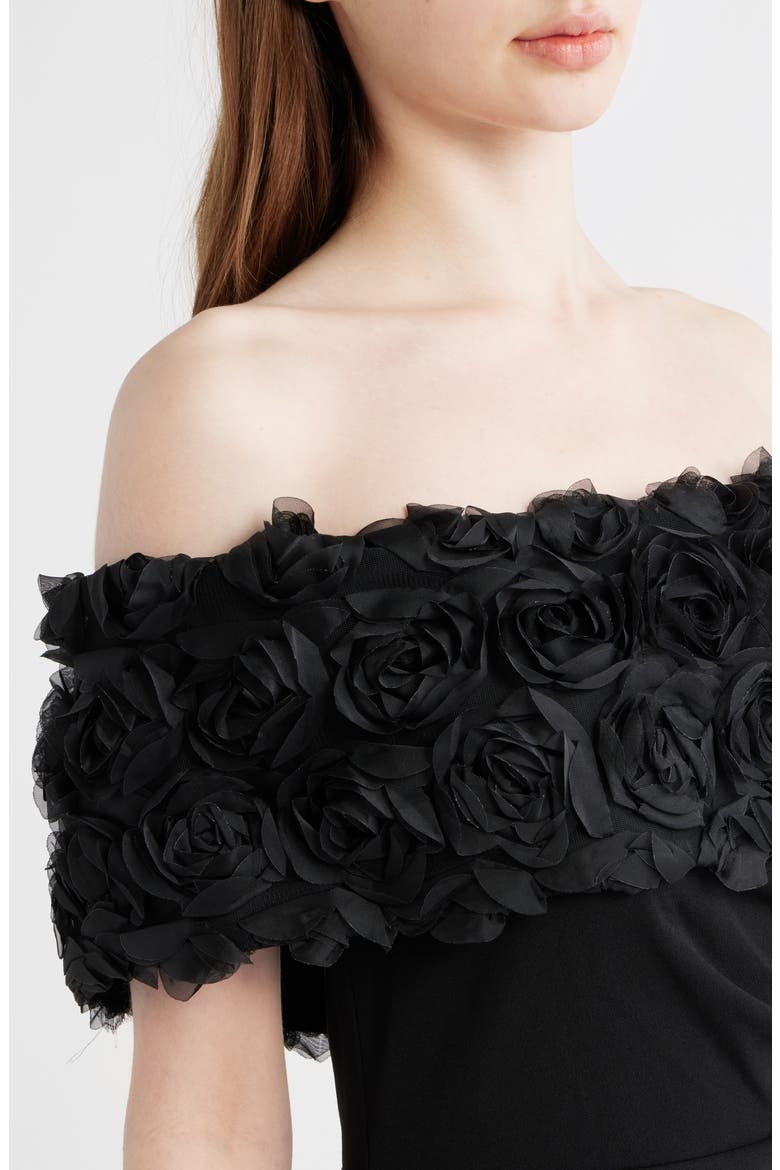 Rosette Detail Off the Shoulder Gown, Alternate, color, BLACK