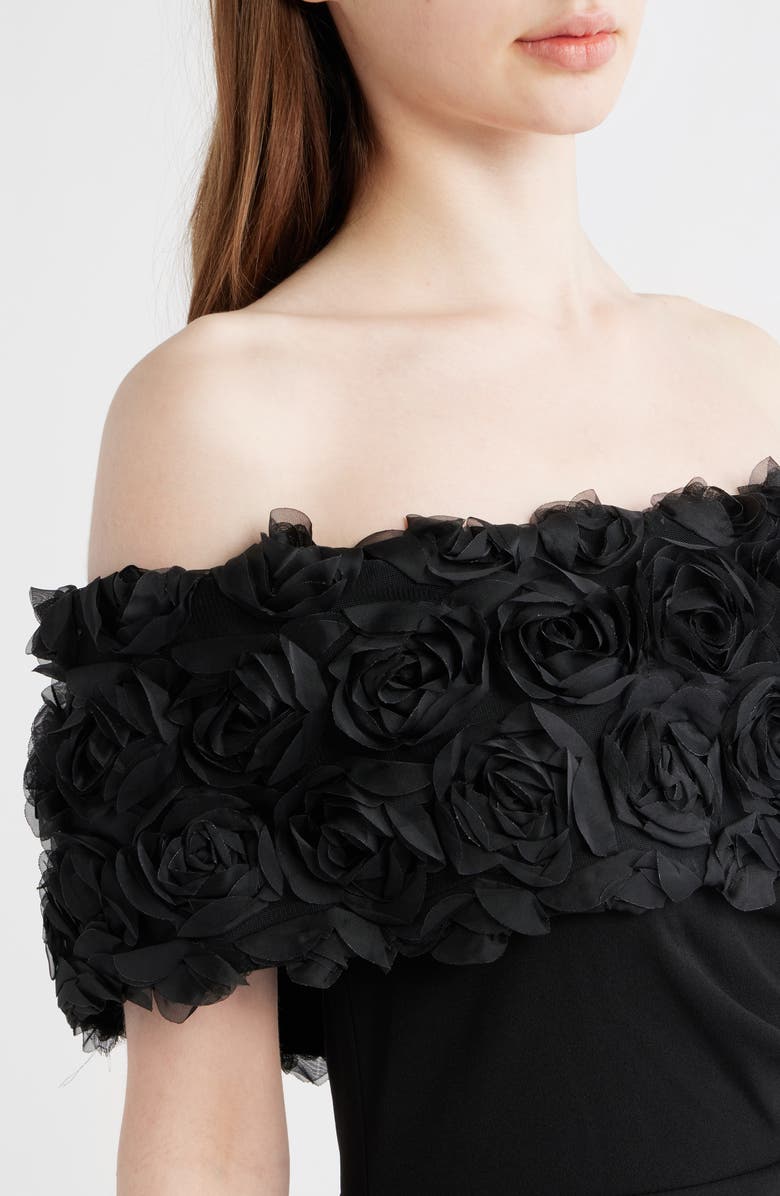 Eliza J Rosette Detail Off the Shoulder Gown, Alternate, color, Black