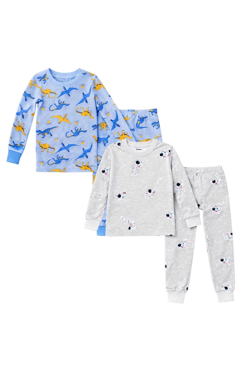 BenBen Kids and Toddlers Boys Blue Dinosaurs/Cars Soft 2 Pack Pajama Sets Snug Fitted Ultra Soft Sleepwear Sets Long Sleeve, Main, color, Blue/Grey