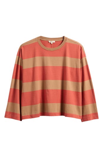 Madewell Stripe Oversize Crewneck Long-sleeve T-shirt In Dark Camel