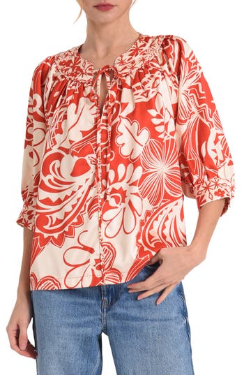Ciebon Katari Floral Three Quarter Sleeve Top In Red Multi