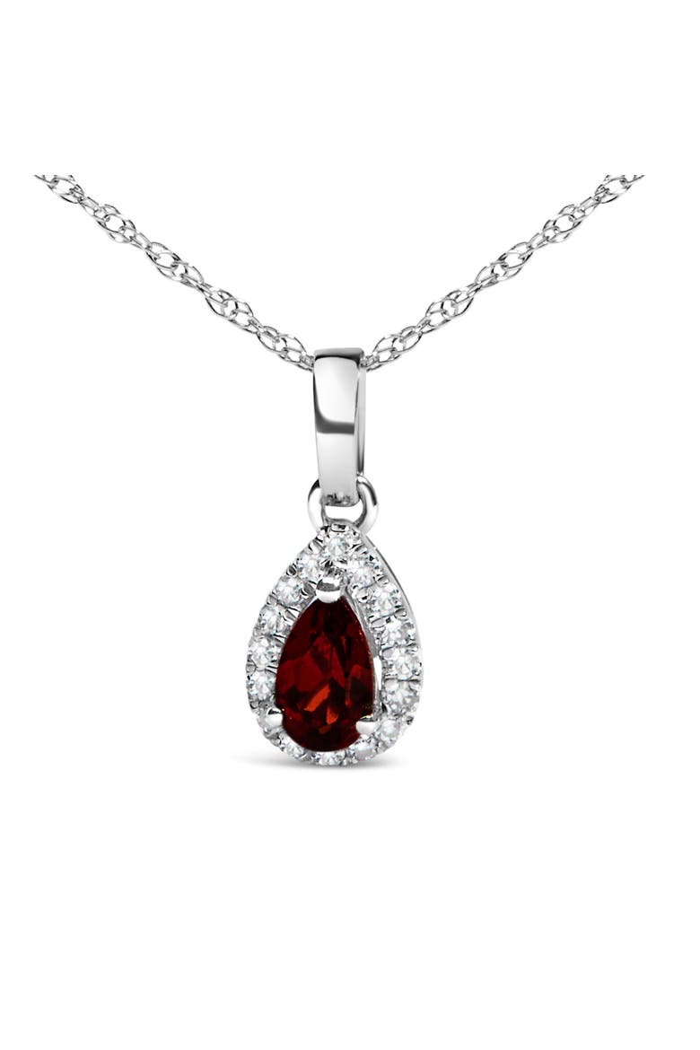 10K White Gold 5x3mm Gemstone and Diamond Accent Halo Pear Shape 18" Pendant Necklace, Alternate, color, Red Garnet | White
