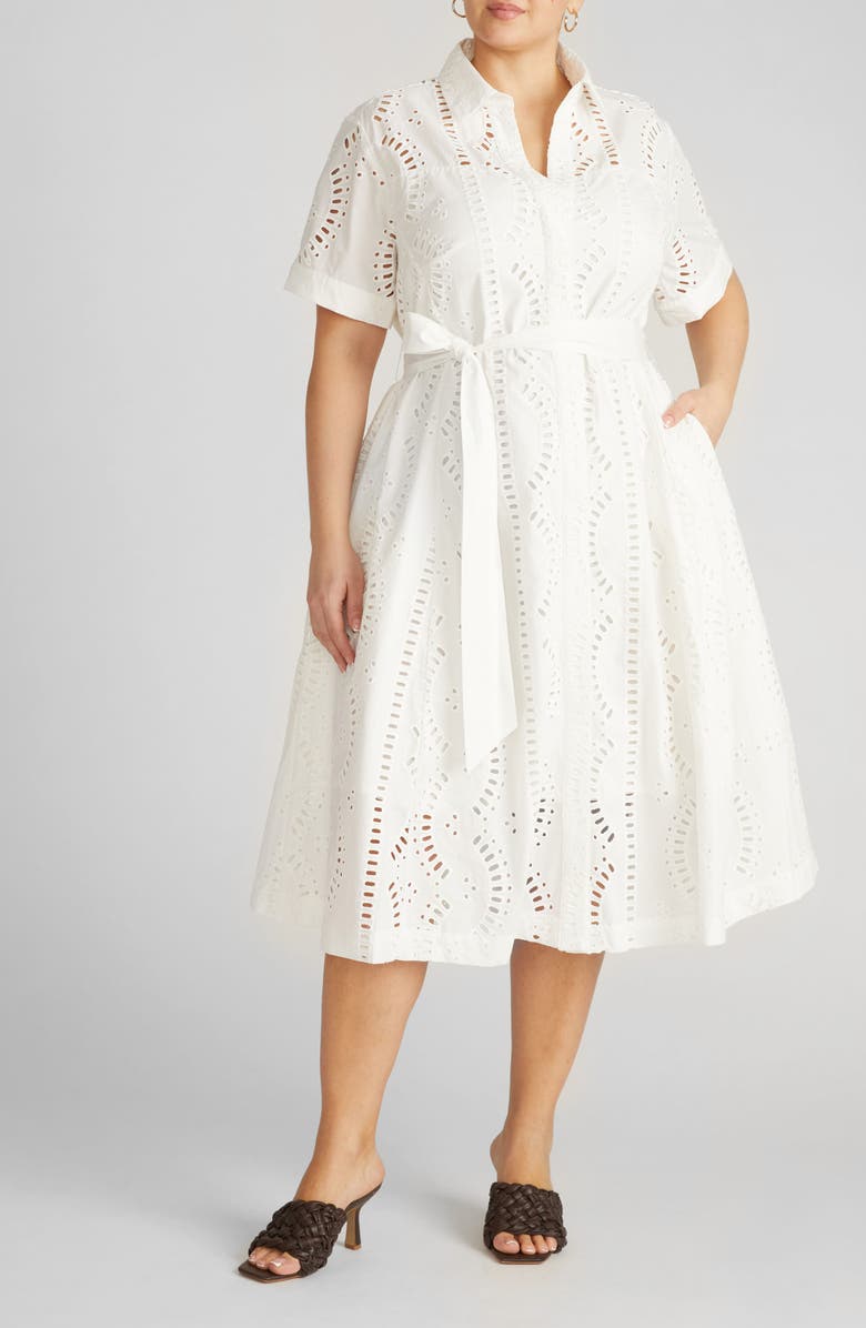 Universal Standard Eyelet Tie Waist Poplin Shirtdress, Main, color, White