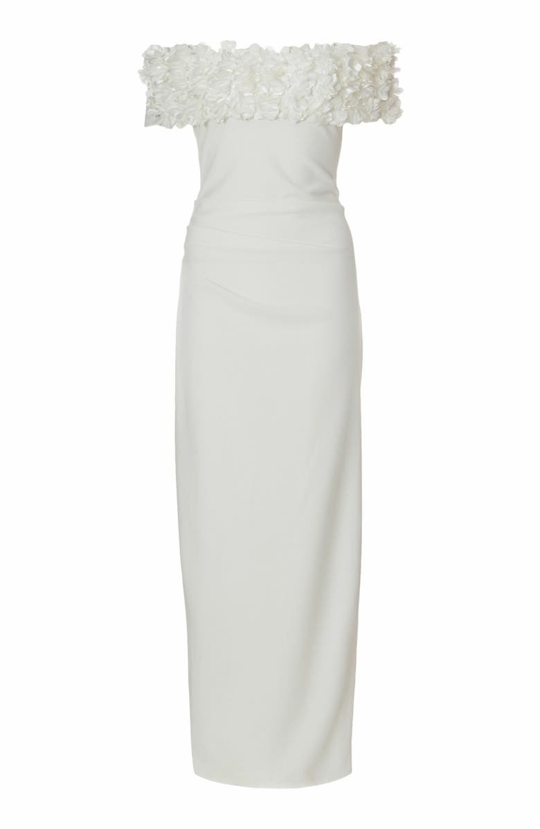 QUIZ Scuba Crepe Bardot Maxi With 3D Floral Trim, Alternate, color, 