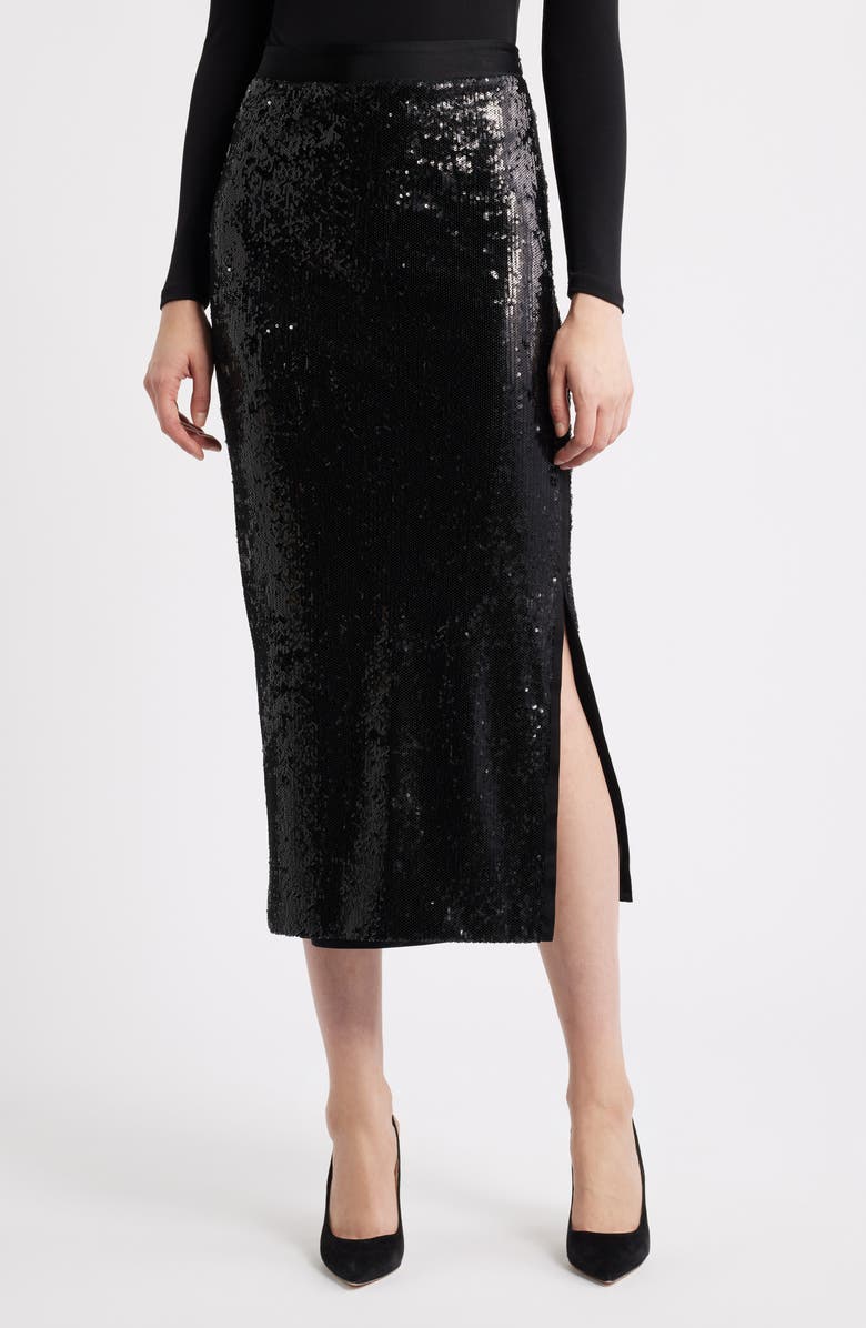 BOSS Ebibi Sequin Midi Skirt, Main, color, Black