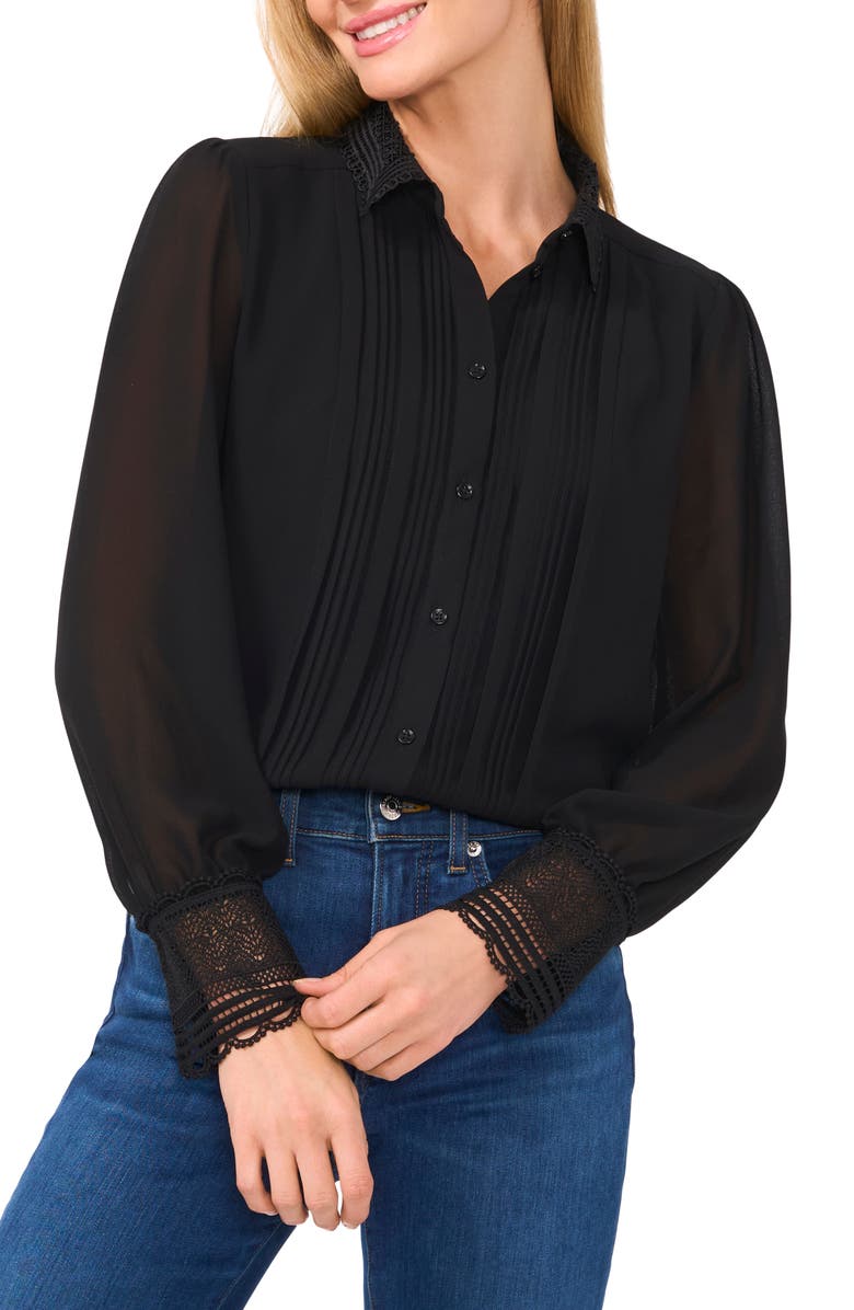 CeCe Pintuck Lace Trim Shirt, Main, color, 