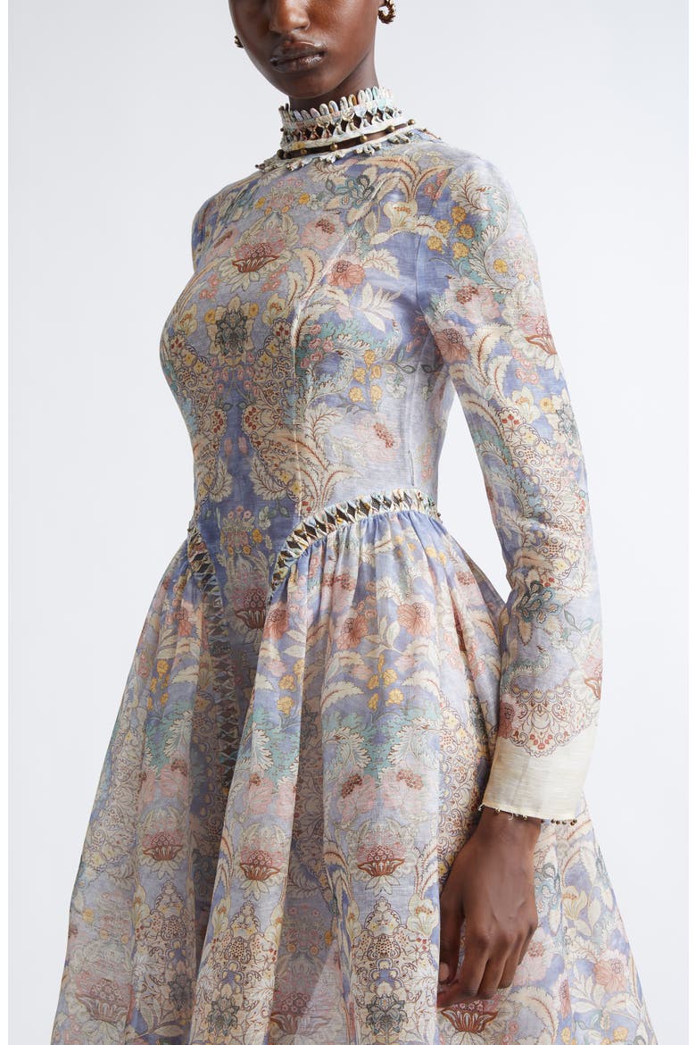 Rebellion Long Sleeve Beaded Linen & Silk Midi Dress, Alternate, color, BLUE FLORAL