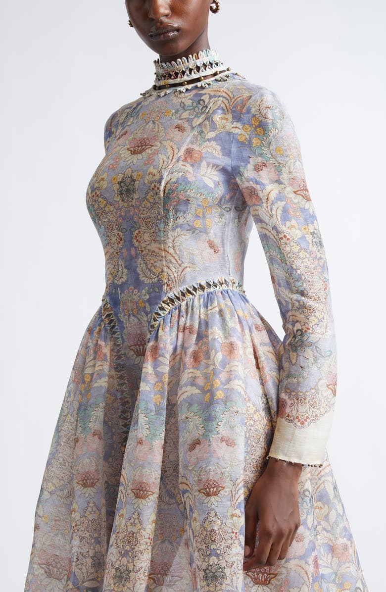Zimmermann Rebellion Long Sleeve Beaded Linen & Silk Midi Dress, Alternate, color, Blue Floral
