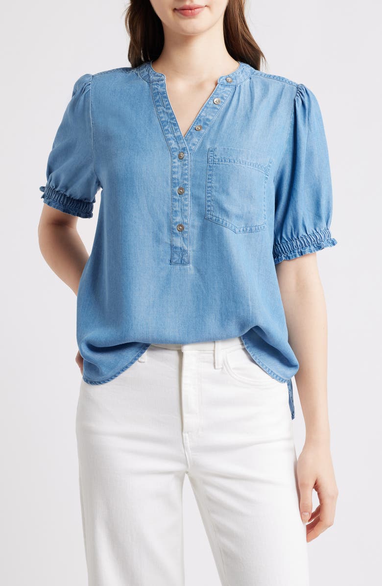 beachlunchlounge Lowen Short Sleeve Chambray Top, Main, color, Medium Wash