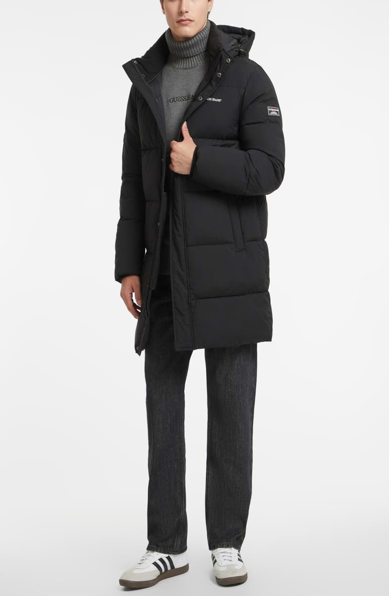 GUESS JEANS Mid Length Hooded Puffer Coat, Alternate, color, Jblack-Black