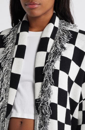Checkerboard Fringe Detail Blanket Cardigan