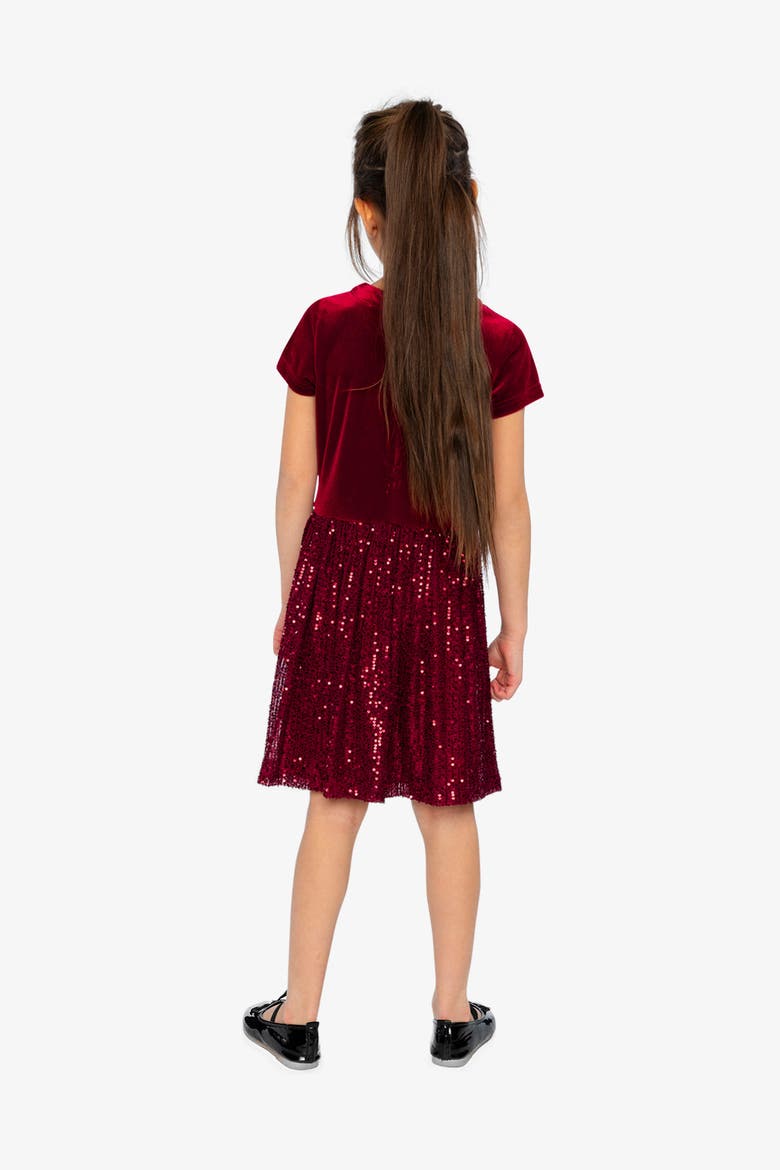 Bi-Material Short Sleeve Bow Belt Glittering Skirt Dress, Alternate, color, Rouge