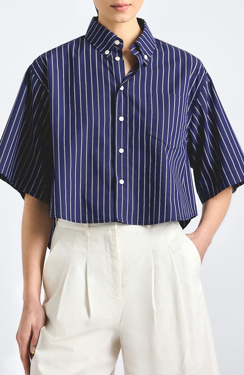Derek Lam 10 Crosby Ember Cropped Button-Down Shirt, Main, color, Dark Navy Stripe