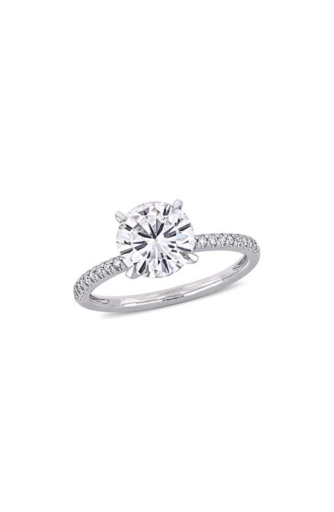14K White Gold Round Lab Created Moissanite & Diamond Ring - 0.11ct.
